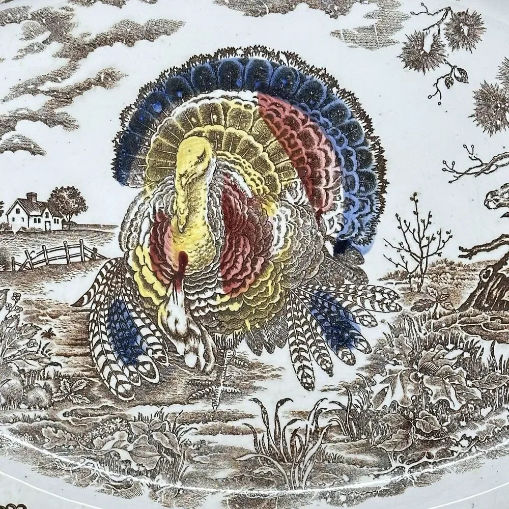 Vintage Japan Turkey Oval Platter Brown Transferware Thanksgiving Holiday 18”